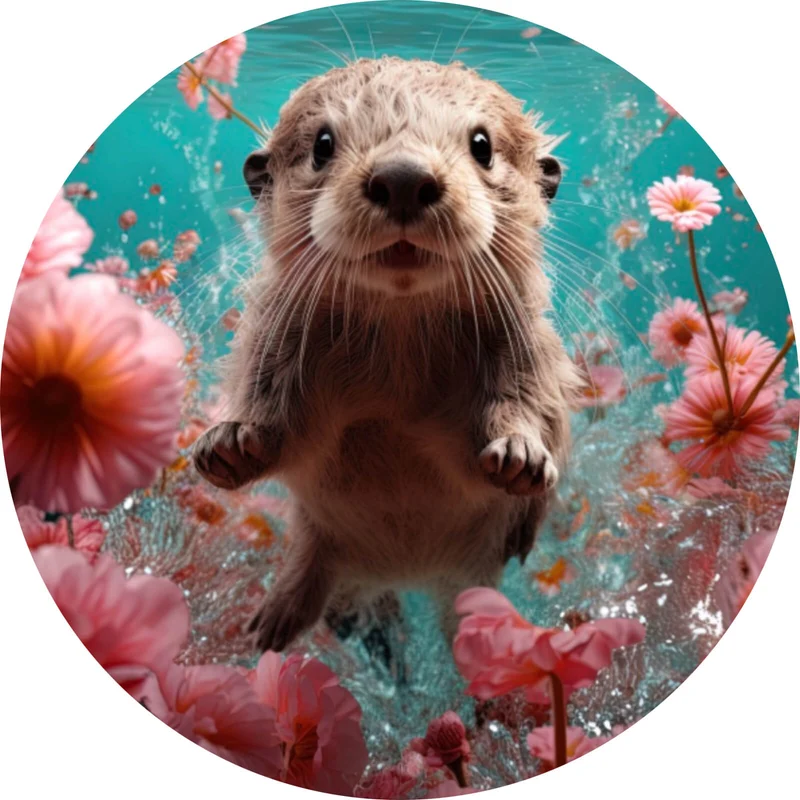 Aluminiumbild Niedlicher Otter unter Wasser mit Blumen Kreis