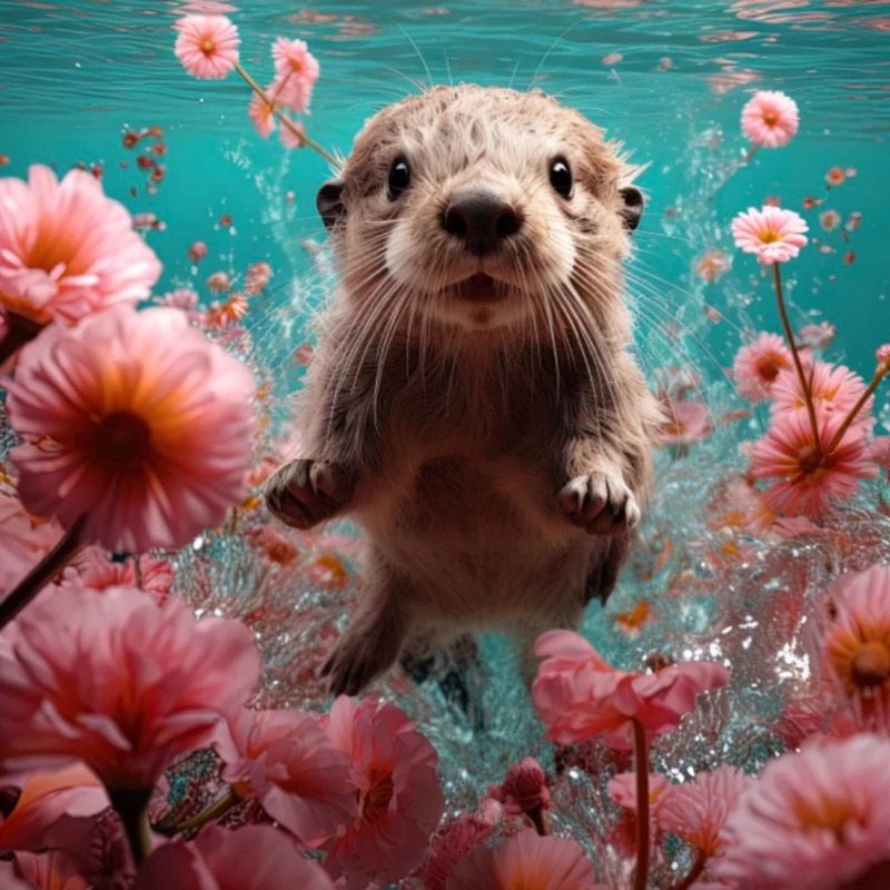 Acrylglasbild Niedlicher Otter unter Wasser mit Blumen Quadrat