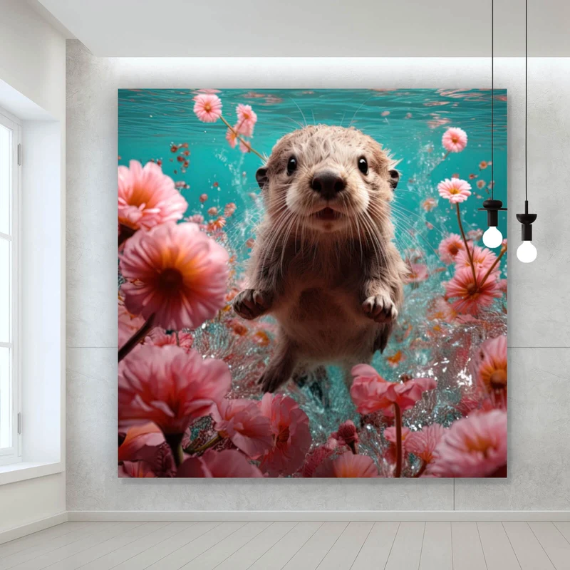 Aluminiumbild Niedlicher Otter unter Wasser mit Blumen Quadrat