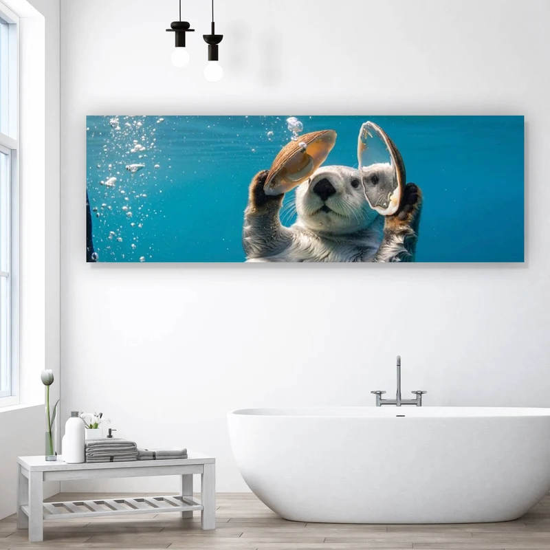 Leinwandbild Niedlicher Otter mit Muscheln im Wasser Panorama