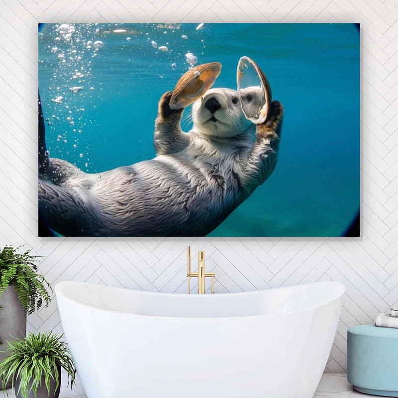 Aluminiumbild gebürstet Niedlicher Otter mit Muscheln im Wasser Querformat