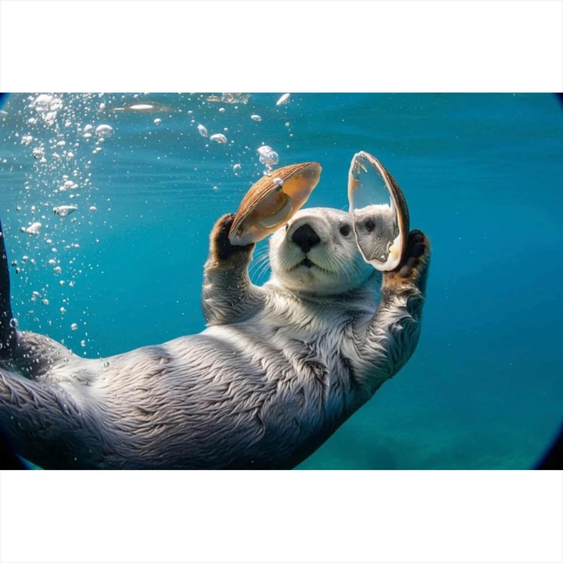 Poster Niedlicher Otter mit Muscheln im Wasser Querformat