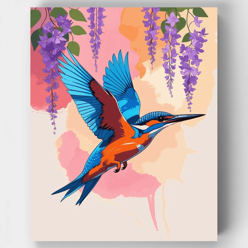 Kingfisher in Flight with Purple Wisteria - Paint by Numbers Kit