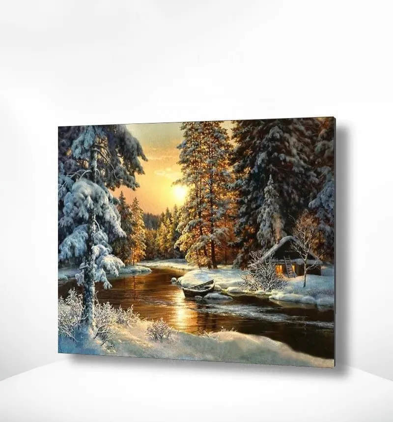 Malen nach Zahlen Sonnenuntergang mit Schnee