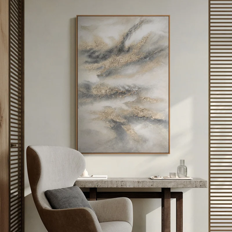 Handgemaltes Acrylbild in Grau & Gold – Abstrakte Wanddeko „Wolkenmelodie“