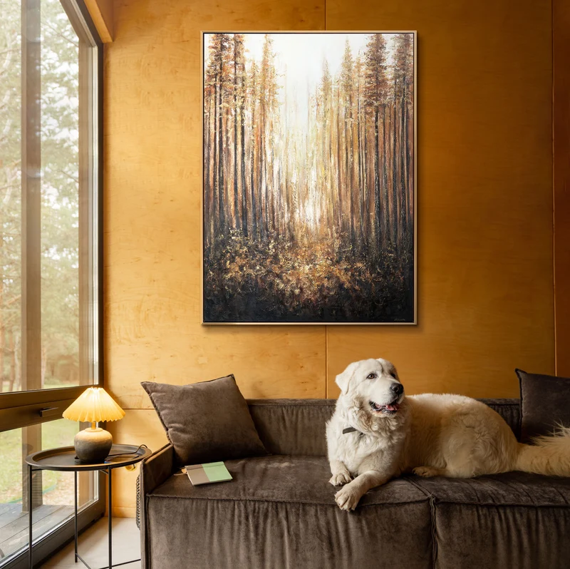 Handgemaltes Acrylbild mit Rahmen „Goldener Wald“ – Wanddekoration für Wohnräume