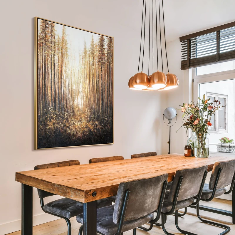 Handgemaltes Acrylbild mit Rahmen „Goldener Wald“ – Wanddekoration für Wohnräume