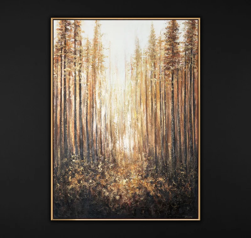 Handgemaltes Acrylbild mit Rahmen „Goldener Wald“ – Wanddekoration für Wohnräume