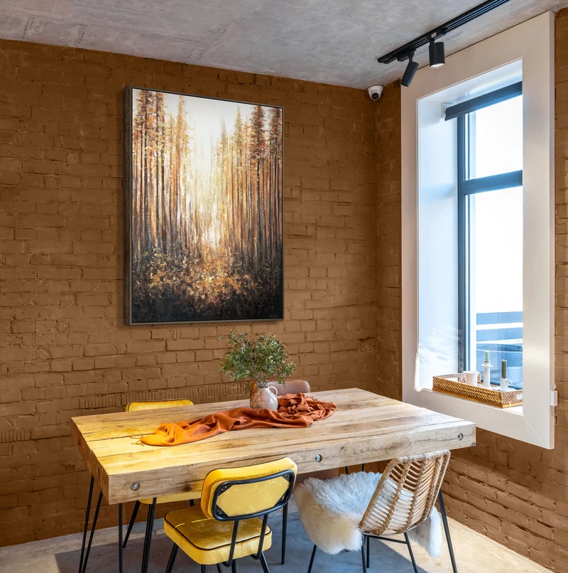 Handgemaltes Acrylbild mit Rahmen „Goldener Wald“ – Wanddekoration für Wohnräume