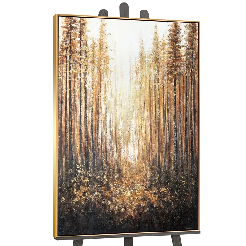 Handgemaltes Acrylbild mit Rahmen „Goldener Wald“ – Wanddekoration für Wohnräume