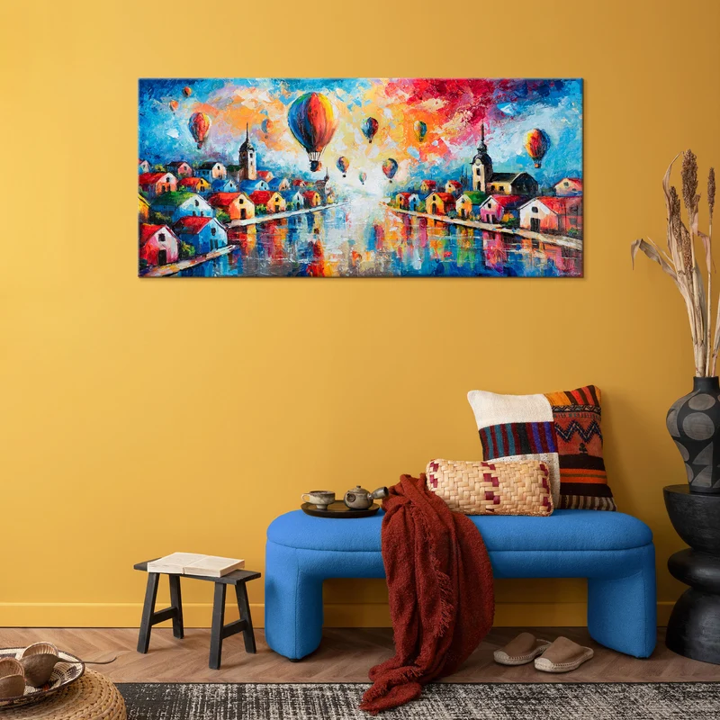Acrylbild „Himmlische Entfernungen" – bunte Häuser & Ballons, handgemalt 115×50 cm