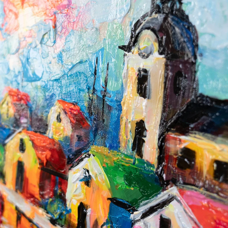 Acrylbild „Himmlische Entfernungen" – bunte Häuser & Ballons, handgemalt 115×50 cm