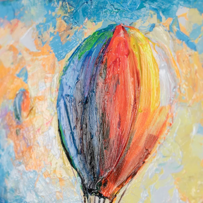 Acrylbild „Himmlische Entfernungen" – bunte Häuser & Ballons, handgemalt 115×50 cm