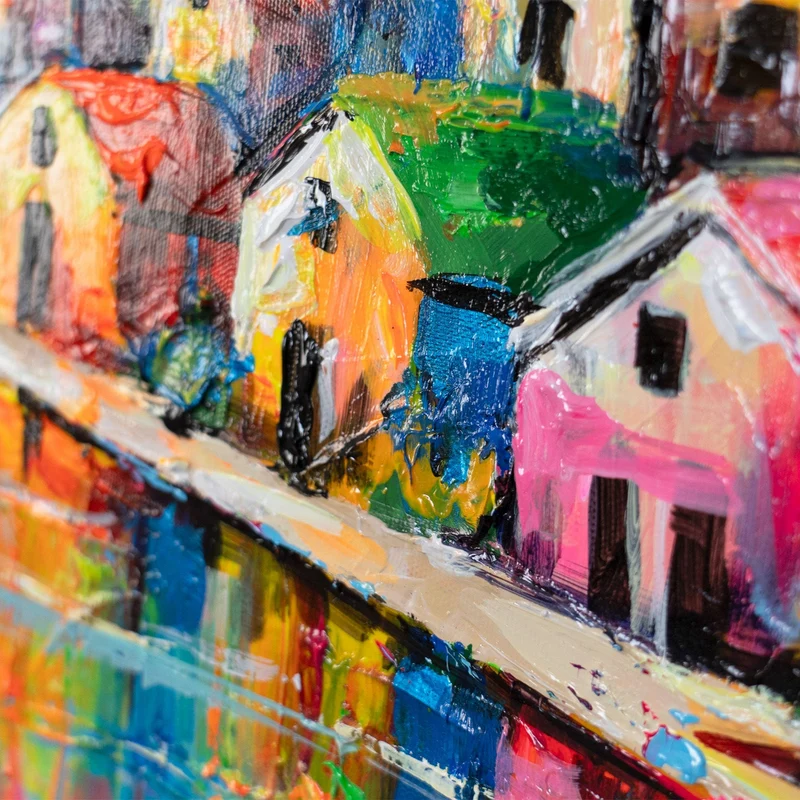Acrylbild „Himmlische Entfernungen" – bunte Häuser & Ballons, handgemalt 115×50 cm