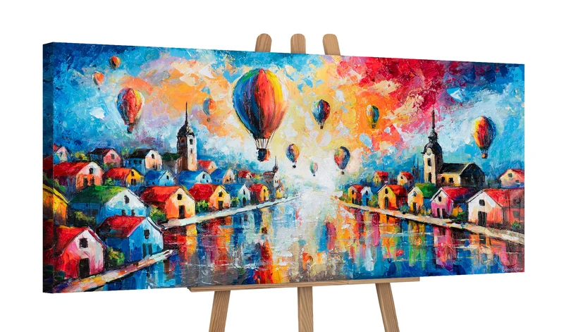 Acrylbild „Himmlische Entfernungen" – bunte Häuser & Ballons, handgemalt 115×50 cm