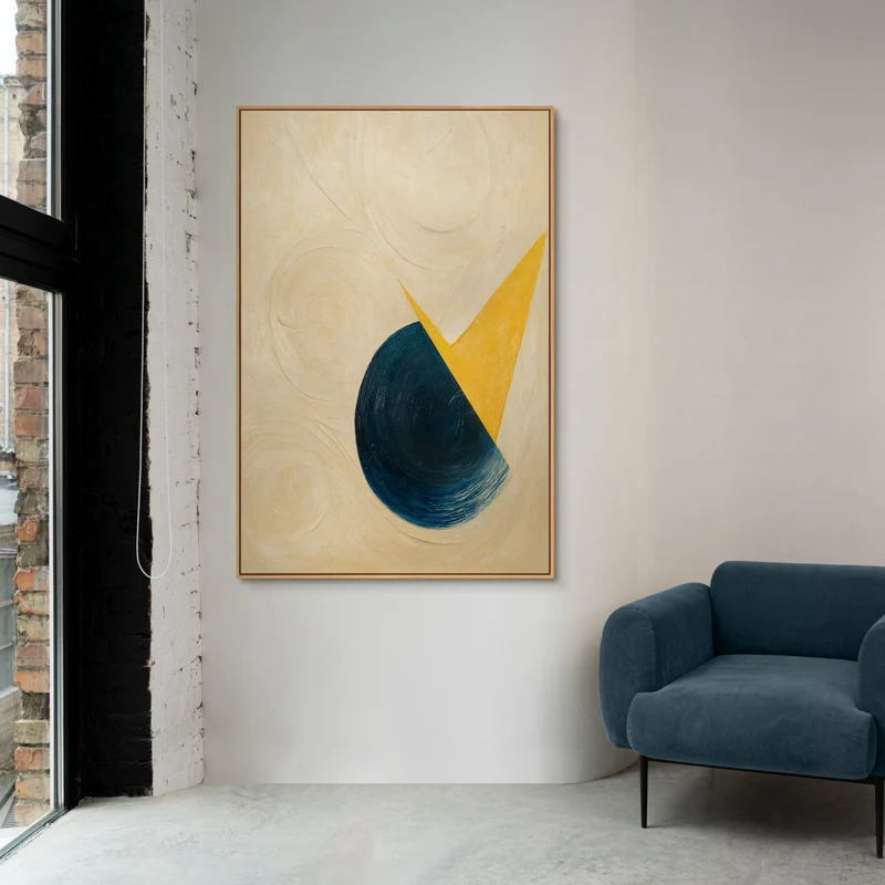 Abstraktes Kunstwerk „Schnitt durch den Horizont“ – Acrylgemälde modern in Blau und Gelb