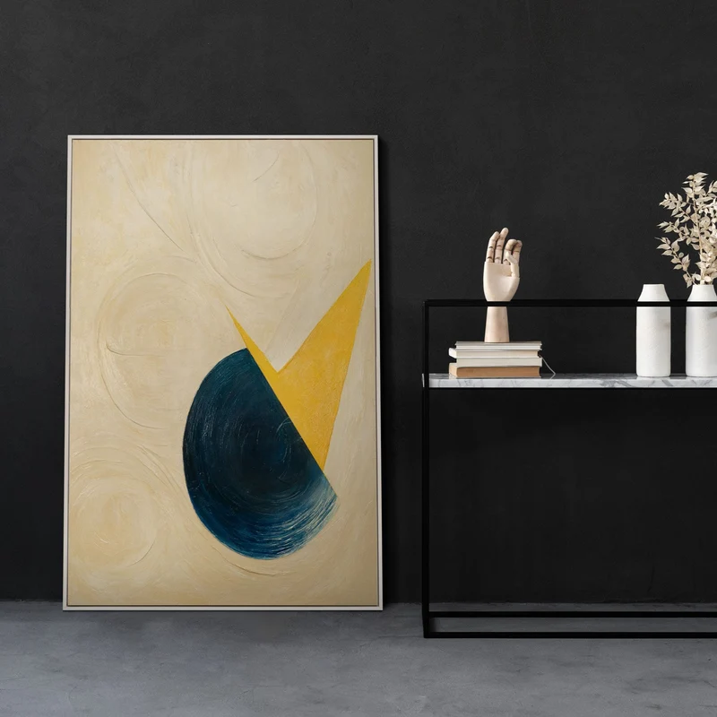 Abstraktes Kunstwerk „Schnitt durch den Horizont“ – Acrylgemälde modern in Blau und Gelb