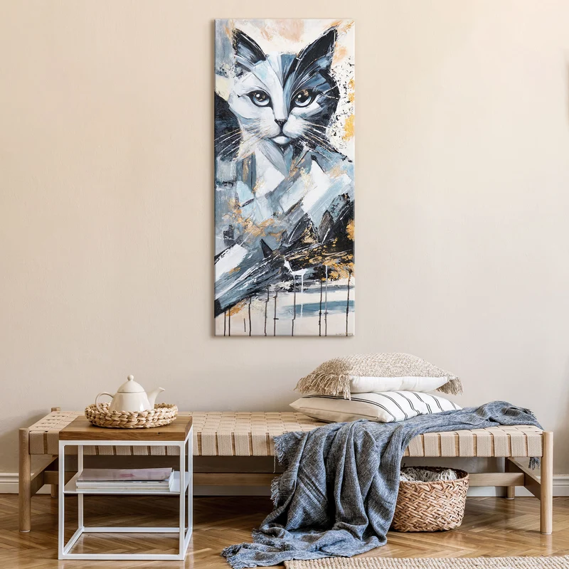 Abstrakte Gemälde Tiermotiv – Acrylbild "Das Geheimnis der Katze" 115×50cm