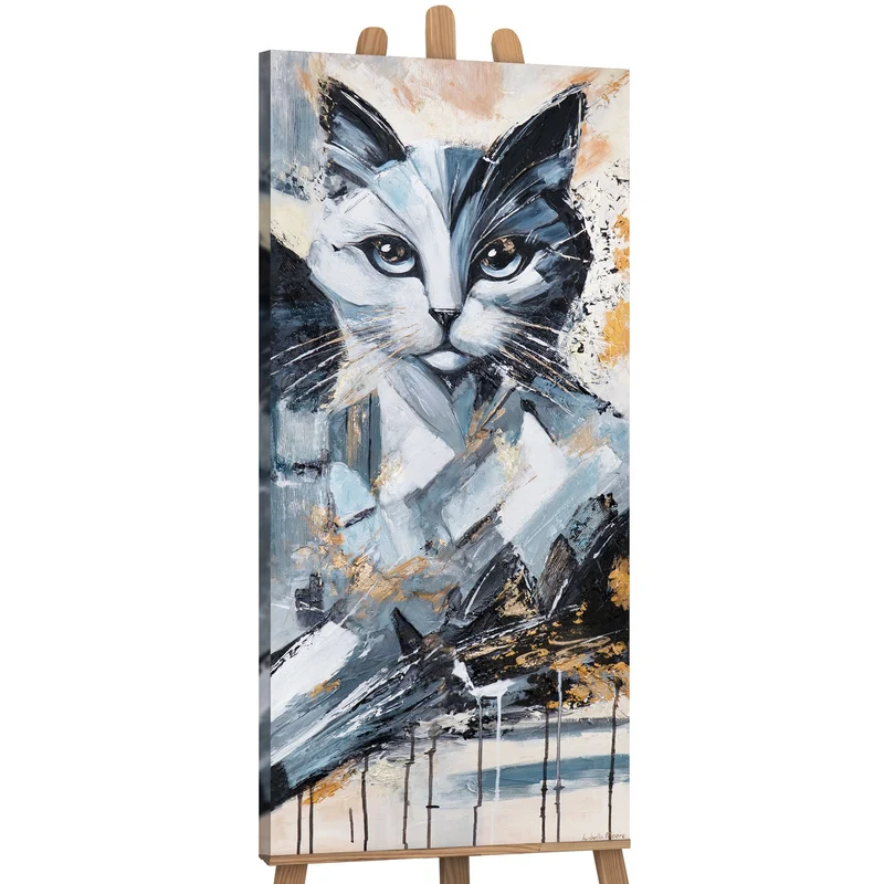 Abstrakte Gemälde Tiermotiv – Acrylbild "Das Geheimnis der Katze" 115×50cm