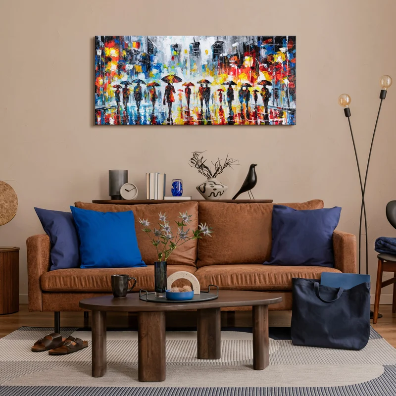 Handgemalte acrylbilder auf Leinwand abstrakt "Bunter Abend" – Wanddeko mit Regenschirmen 115x50cm