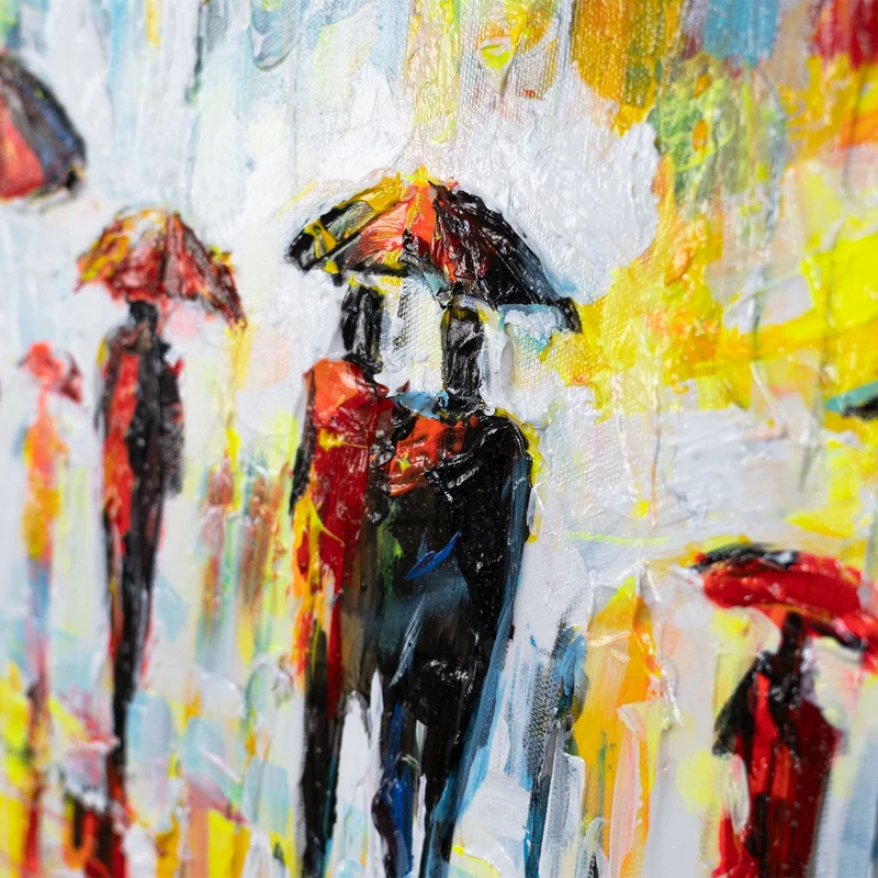 Handgemalte acrylbilder auf Leinwand abstrakt "Bunter Abend" – Wanddeko mit Regenschirmen 115x50cm
