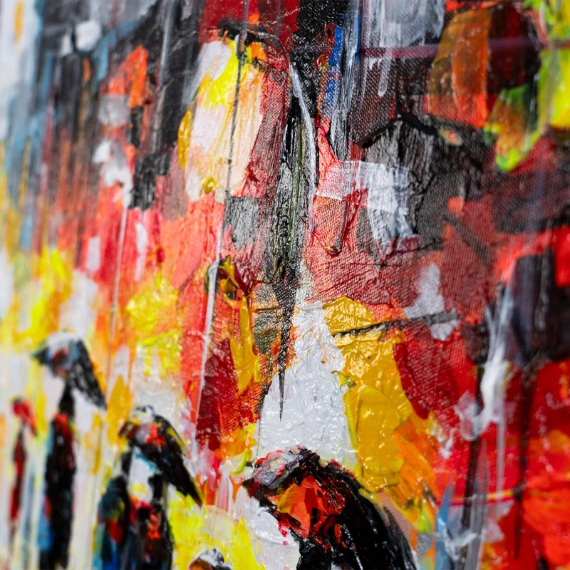 Handgemalte acrylbilder auf Leinwand abstrakt "Bunter Abend" – Wanddeko mit Regenschirmen 115x50cm