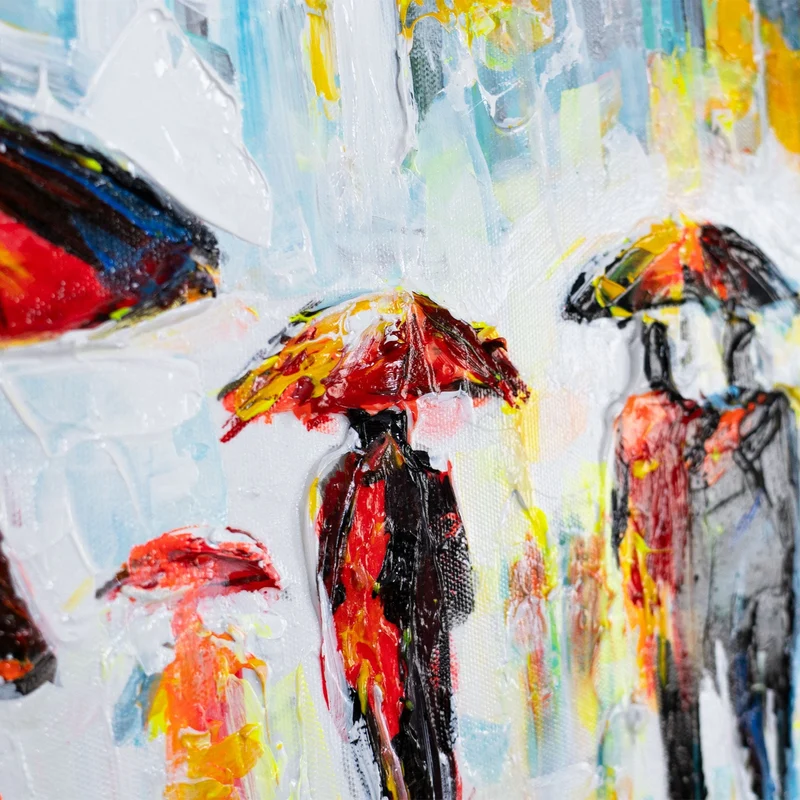Handgemalte acrylbilder auf Leinwand abstrakt "Bunter Abend" – Wanddeko mit Regenschirmen 115x50cm