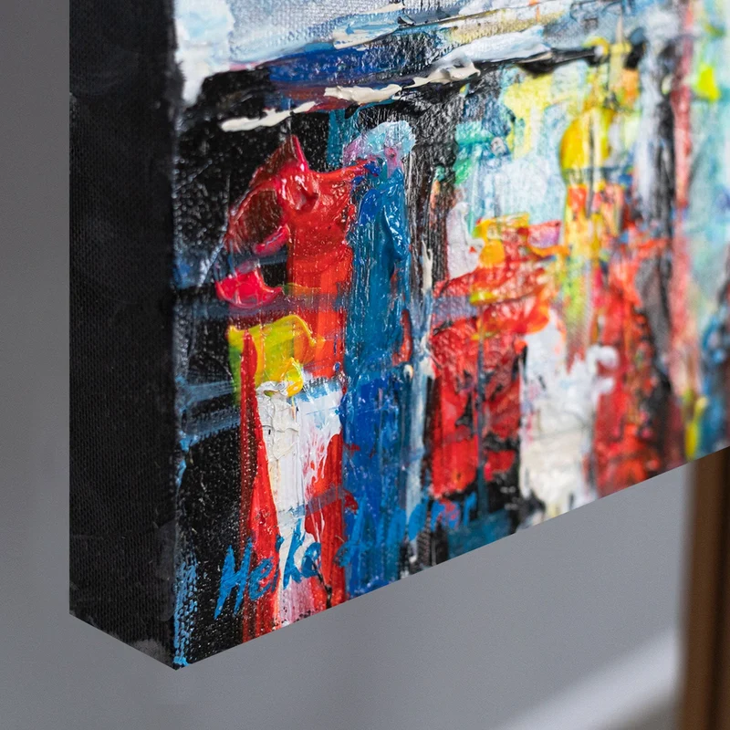 Handgemalte acrylbilder auf Leinwand abstrakt "Bunter Abend" – Wanddeko mit Regenschirmen 115x50cm