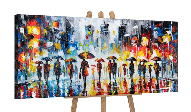 Handgemalte acrylbilder auf Leinwand abstrakt "Bunter Abend" – Wanddeko mit Regenschirmen 115x50cm
