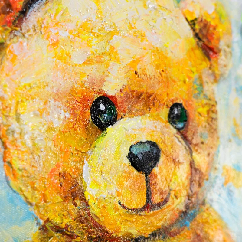 Acrylbild „Buntes Glück" – vier Teddys in Gelb, Grün & Pink, handgemalt, 115×50 cm