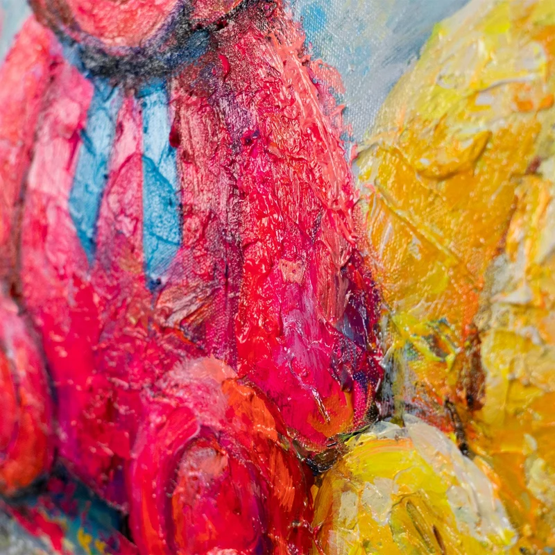 Acrylbild „Buntes Glück" – vier Teddys in Gelb, Grün & Pink, handgemalt, 115×50 cm