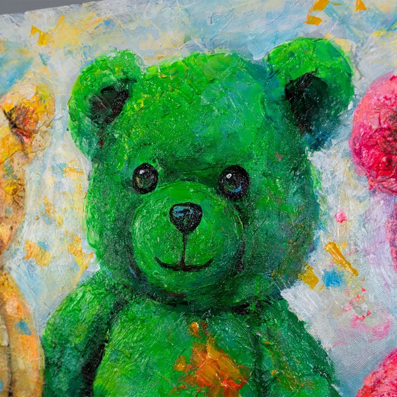 Acrylbild „Buntes Glück" – vier Teddys in Gelb, Grün & Pink, handgemalt, 115×50 cm