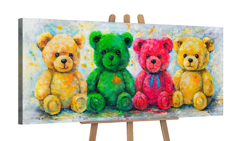 Acrylbild „Buntes Glück" – vier Teddys in Gelb, Grün & Pink, handgemalt, 115×50 cm