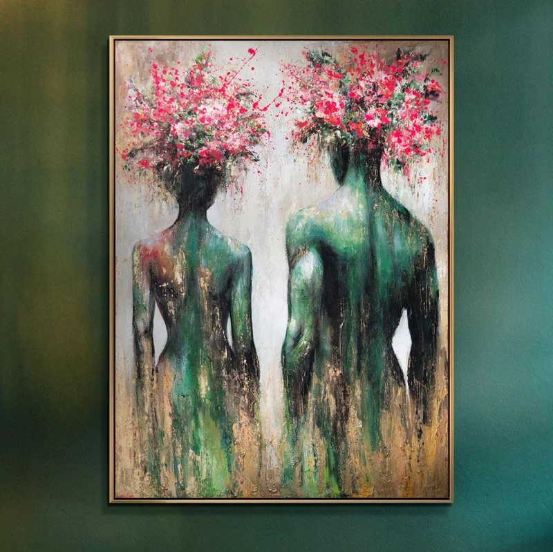 Modernes Leinwandbild „Blumensilhouetten“ – Abstrakte Kunst mit Goldrahmen