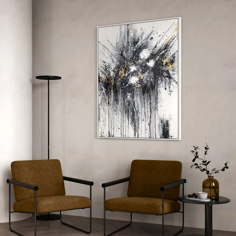 Abstraktes Leinwandbild mit Rahmen „Energie der Linien“ – monochrome Kunst mit Gold