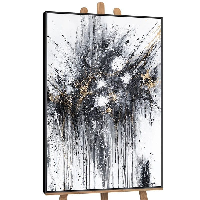 Abstraktes Leinwandbild mit Rahmen „Energie der Linien“ – monochrome Kunst mit Gold