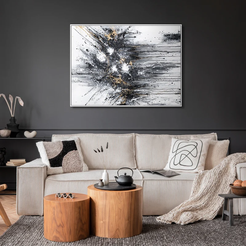Abstraktes Leinwandbild mit Rahmen „Energie der Linien“ – monochrome Kunst mit Gold