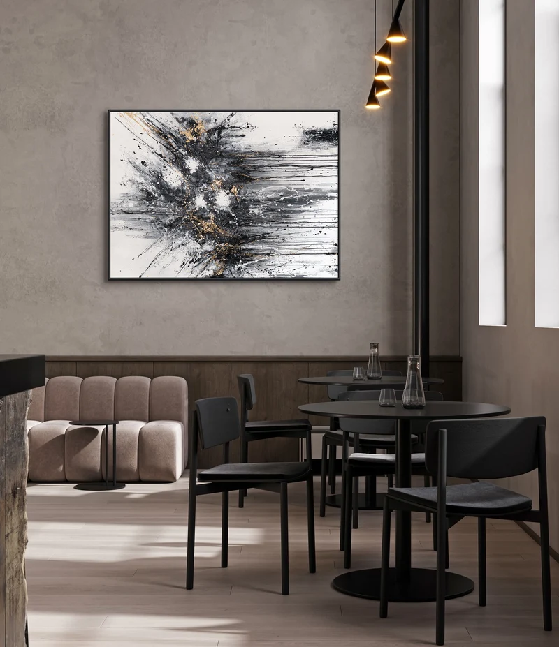 Abstraktes Leinwandbild mit Rahmen „Energie der Linien“ – monochrome Kunst mit Gold