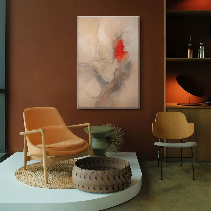 Abstraktes Acrylbild „Echo der Flammen“ – Moderne Leinwandkunst in Beige und Rot