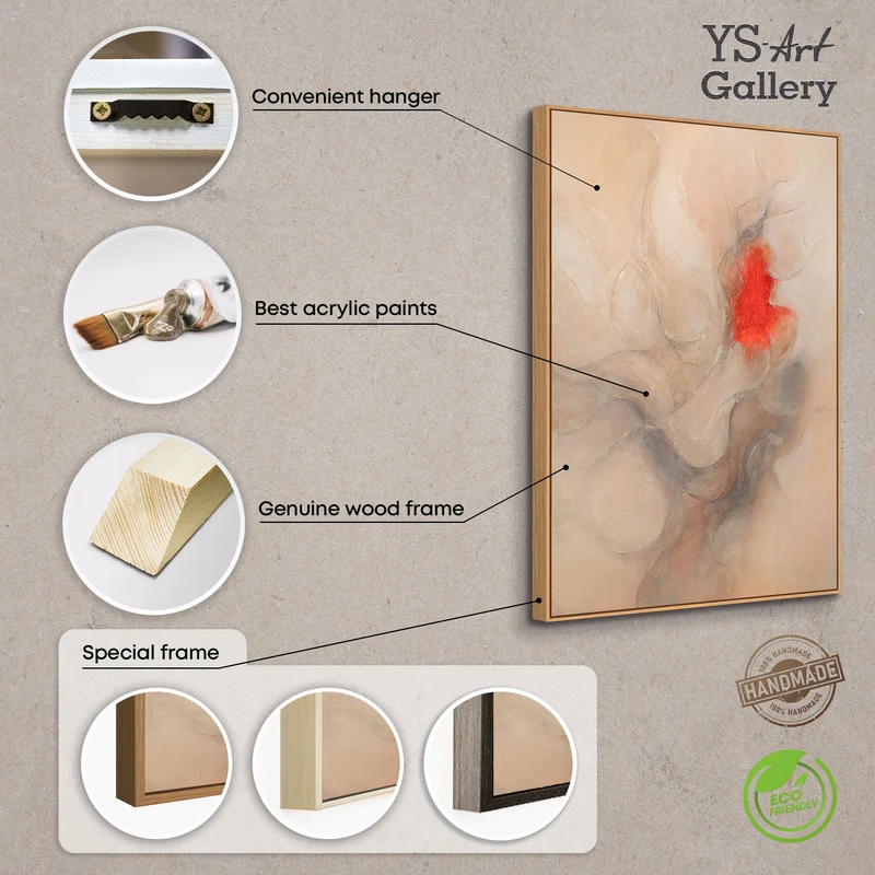 Abstraktes Acrylbild „Echo der Flammen“ – Moderne Leinwandkunst in Beige und Rot