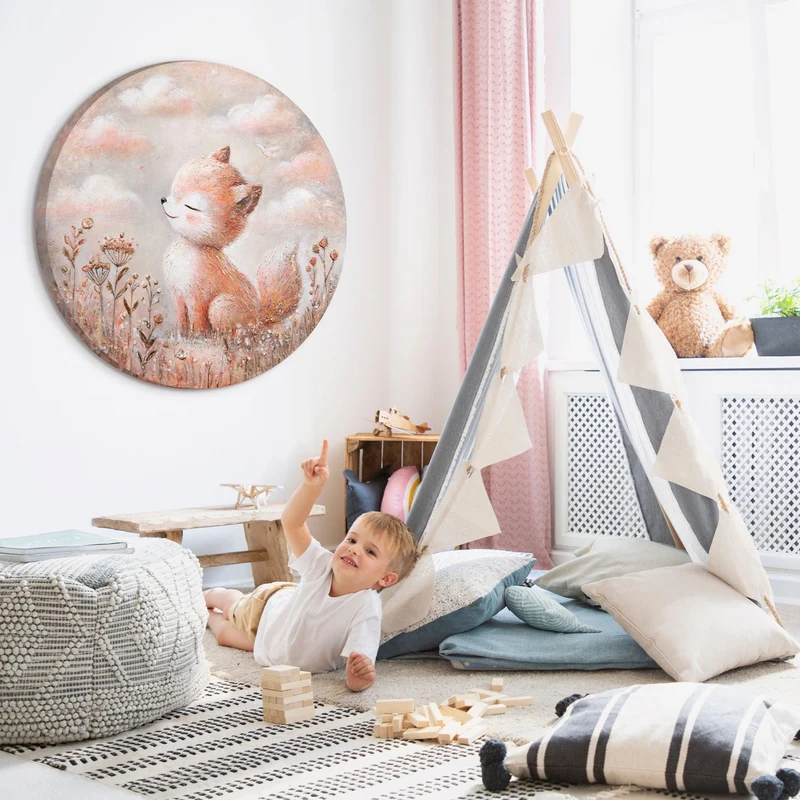 Rundes Acrylbild „Foxy" – handgemalter Fuchs fürs Kinderzimmer, Ø 60–100 cm