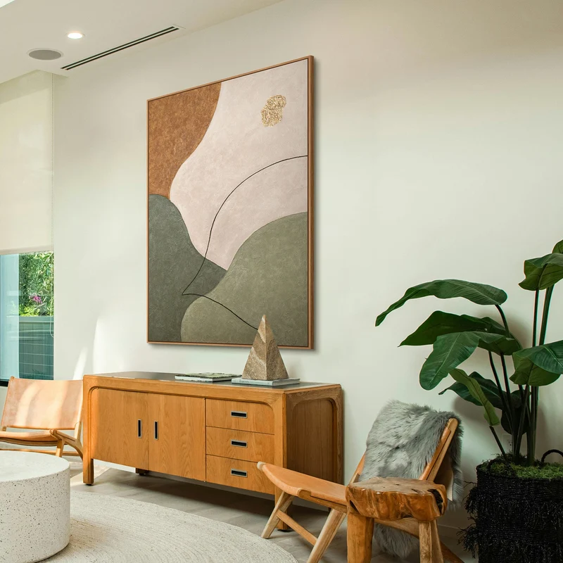 Abstraktes Wandbild mit Struktur in Beige, Grün & Gold – Modernes Acrylgemälde auf Leinwand