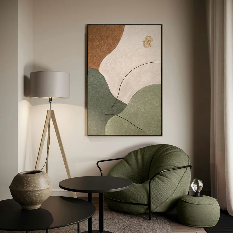 Abstraktes Wandbild mit Struktur in Beige, Grün & Gold – Modernes Acrylgemälde auf Leinwand