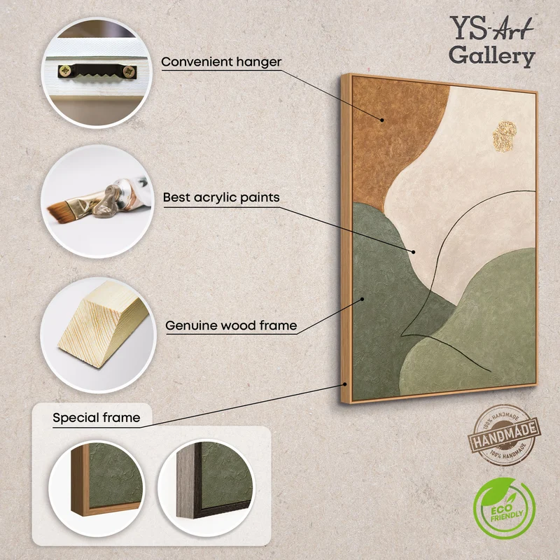 Abstraktes Wandbild mit Struktur in Beige, Grün & Gold – Modernes Acrylgemälde auf Leinwand
