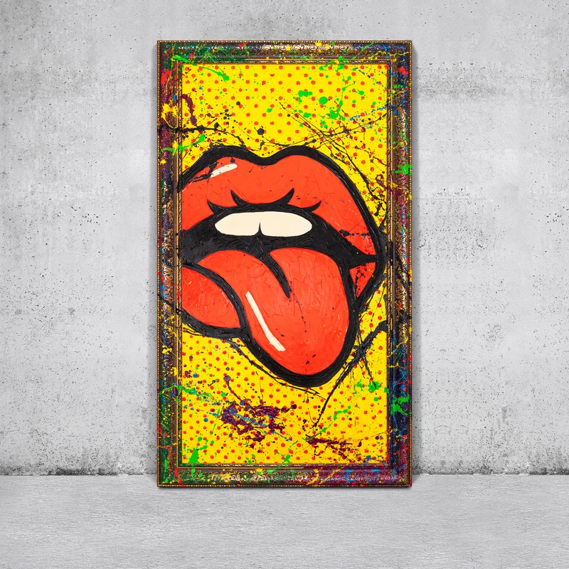 Handgemaltes Wandbilder Wohnzimmer – Abstrakte Kunst mit Pop-Art Mund „WOW“