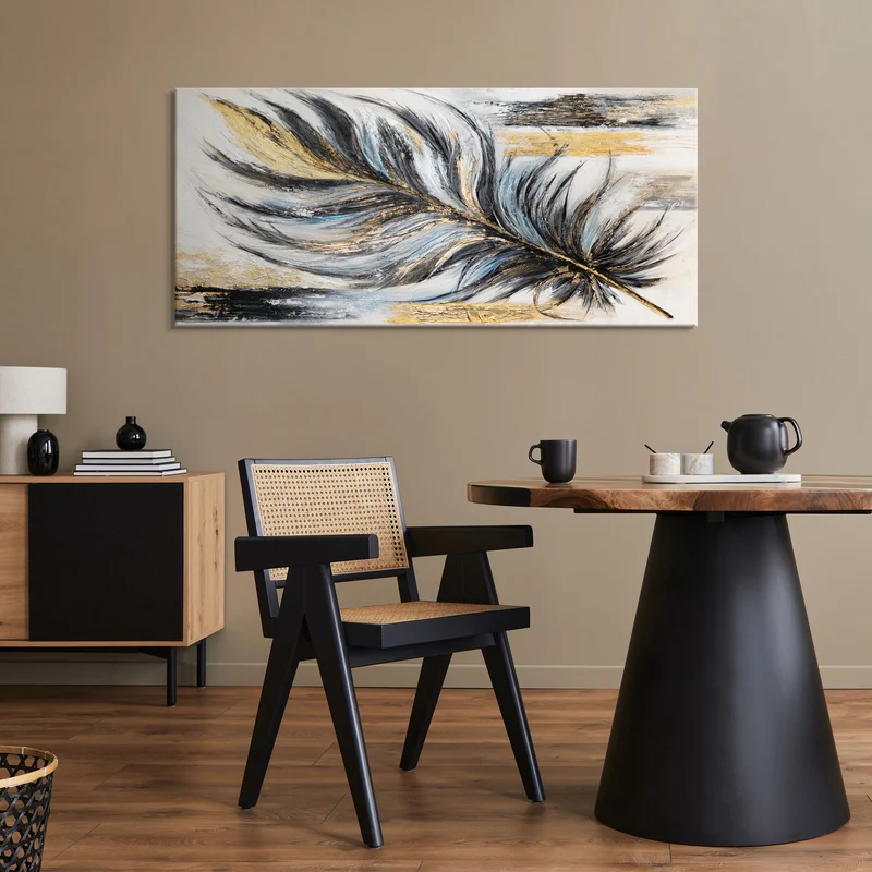Acrylbild auf Leinwand handgemalt Abstrakte Wandkunst "Goldene Feder" 115x50cm