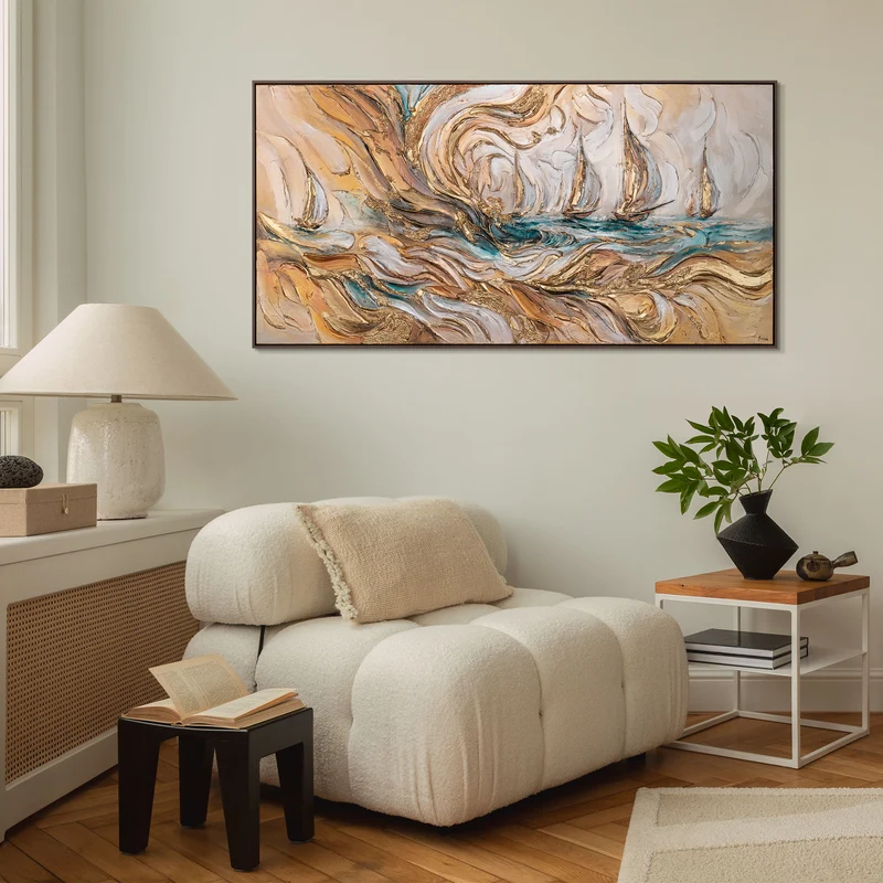 Leinwandbild mit Struktur - Abstrakte Acrylmalerei "Zeitwellen" mit Rahmen