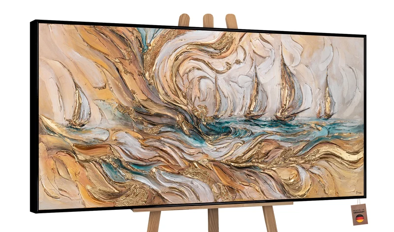 Leinwandbild mit Struktur - Abstrakte Acrylmalerei "Zeitwellen" mit Rahmen