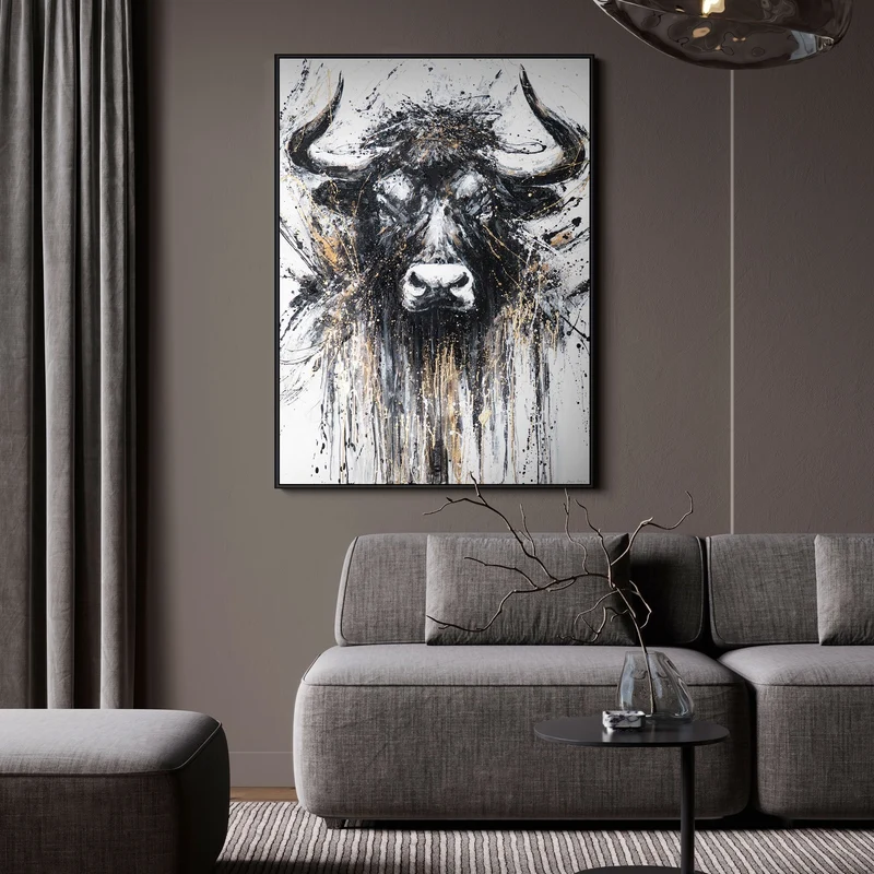 Gemälde Handgemalt mit Rahmen „Stärke in Schwarz und Gold“ – majestätischer Bulle frontal