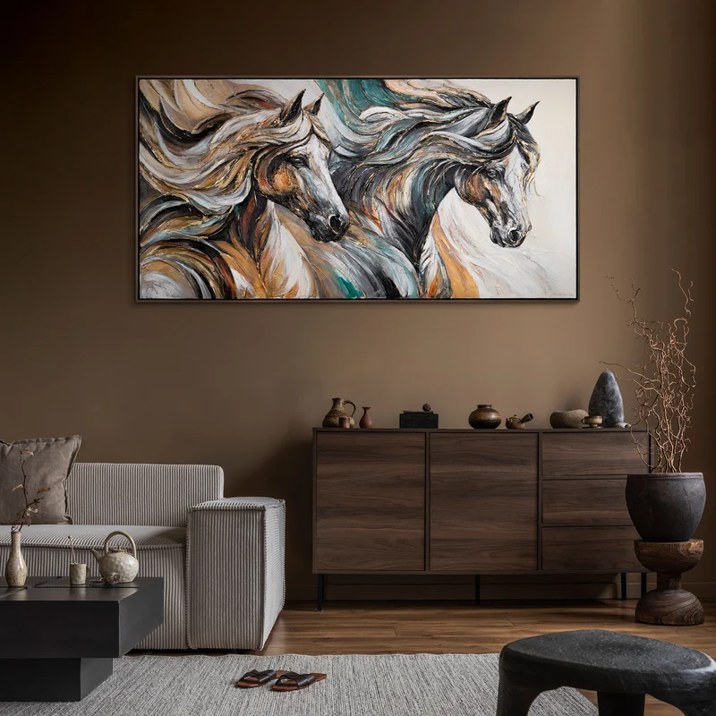 Handgemaltes Acrylbild Mit Pferden Auf Leinwand – Abstrakte Wanddeko "Bewegungsenergie"